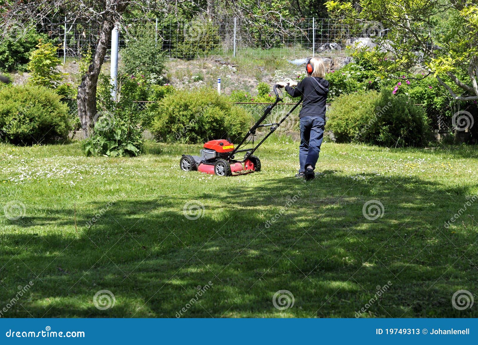 Boy cutting grass stock image. Image of tree, child, denim 19749313