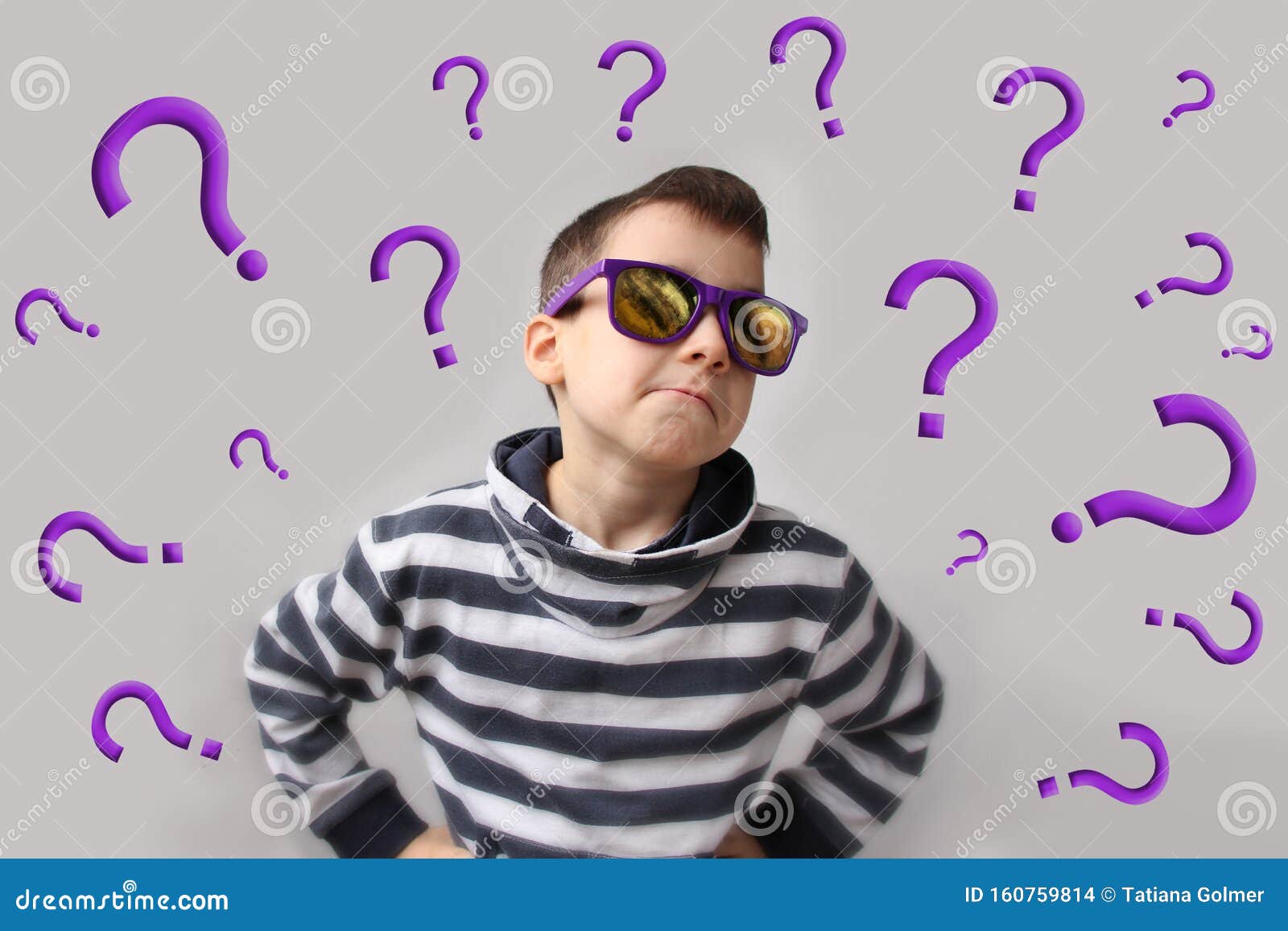 boy in dark sunglasses with a mohawk on his head and a skeptical grin, interrogative concept, close-up, many question marks, copy