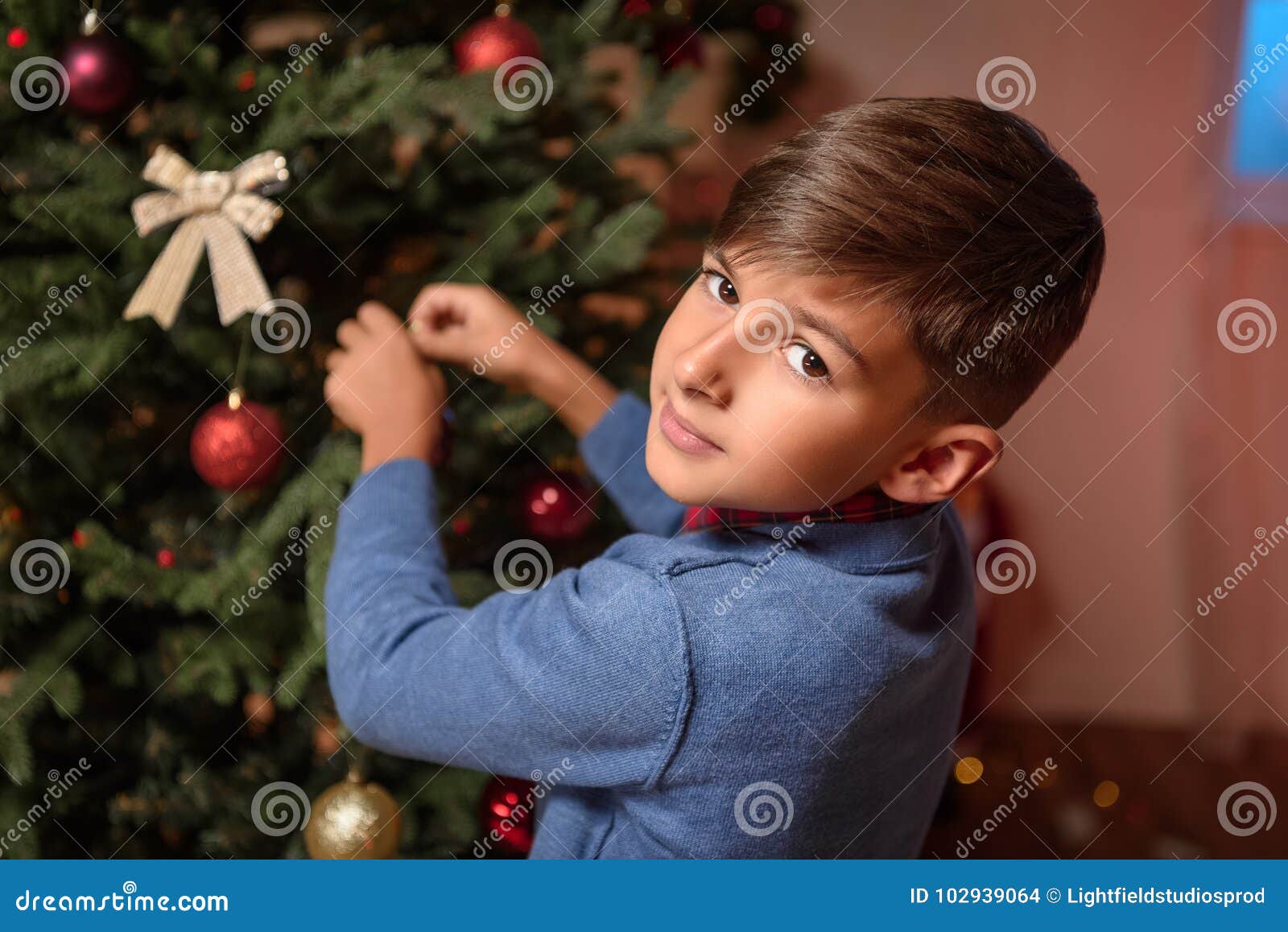 Boy Decorating Christmas Tree Stock Photo Image of happiness, season 102939064