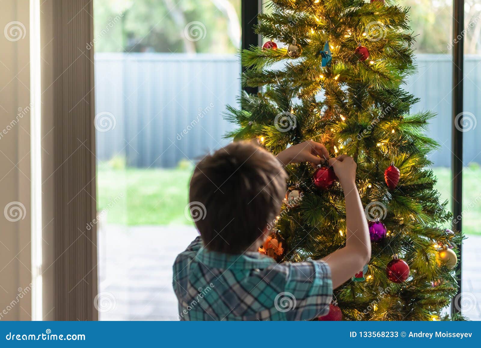 Boy Decorating Christmas Tree at Home Stock Image Image of festive