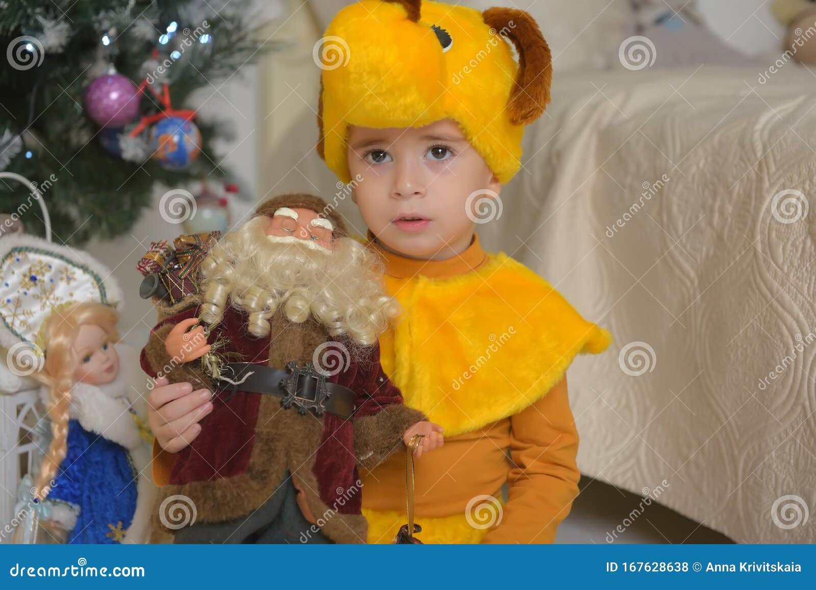 Boy in Dog Costume at Christmas Stock Photo Image of cute, ball 167628638