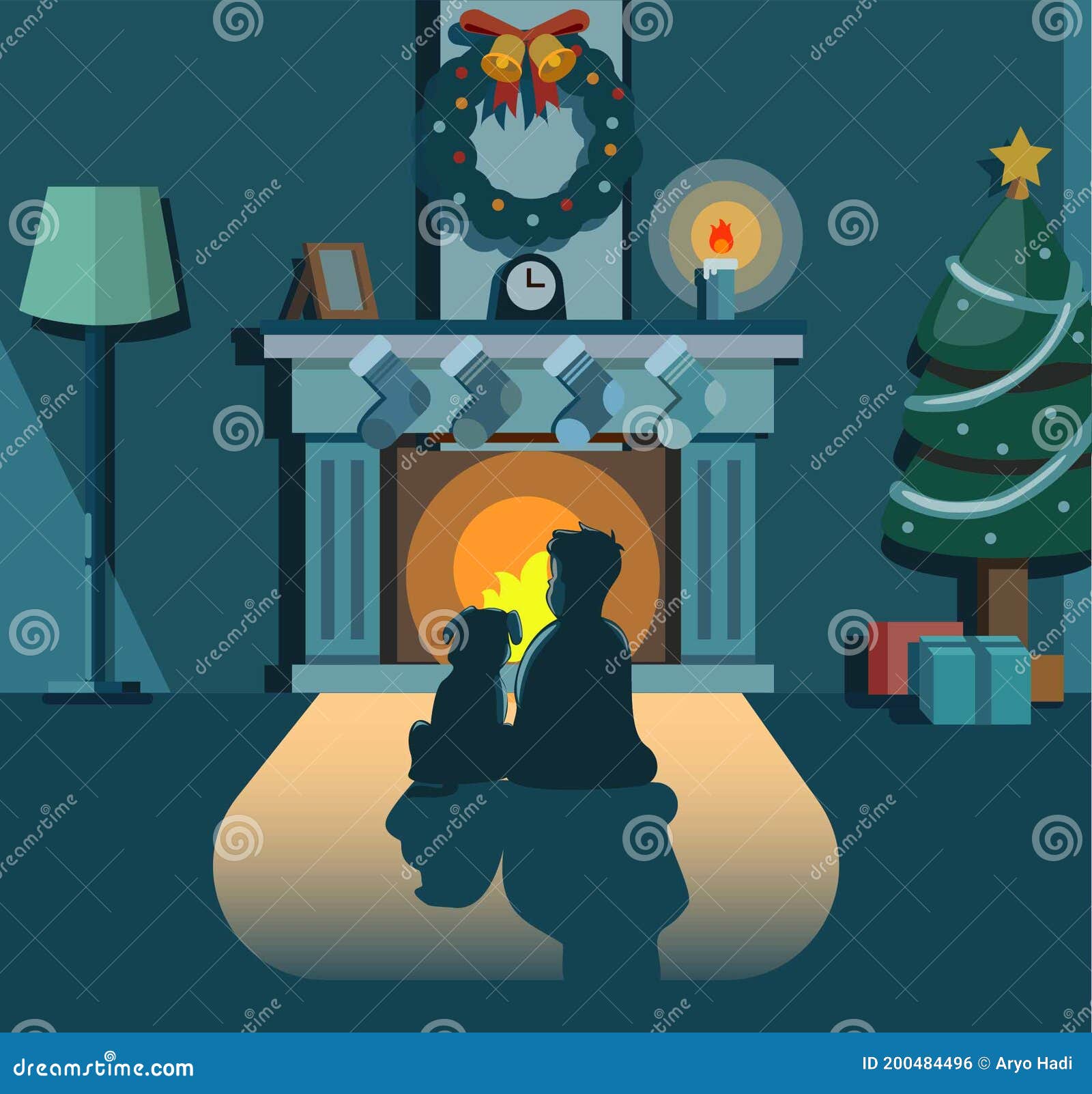 Boy and Dog Sitting Front Fireplace at Home in Christmas Night Concept