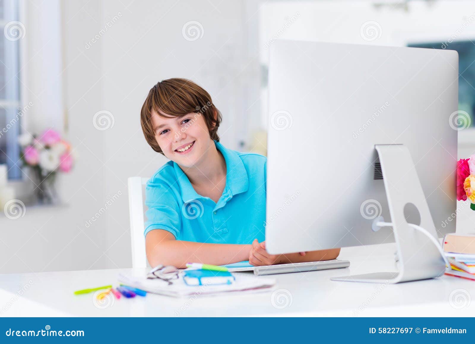 boy doing homework modern computer school working personal home student using pc classroom kids studying digital 58227697