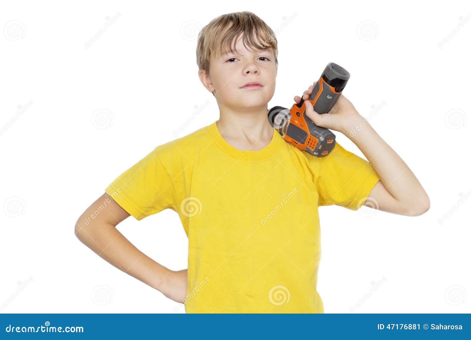Boy with a drill stock image. Image of pretend, orange 47176881