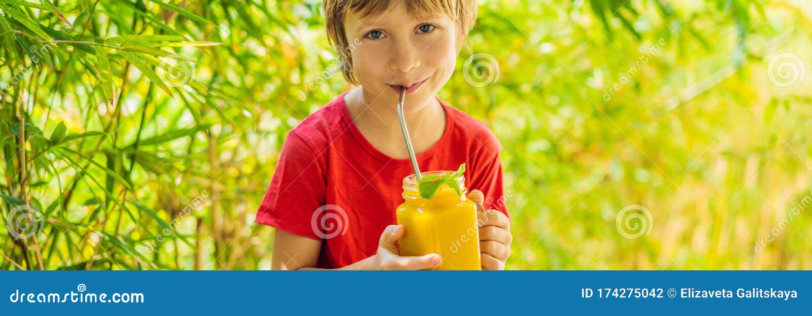 Boy Drinking Juicy Smoothie from Mango in Glass Mason Jar. Healthy Life ...
