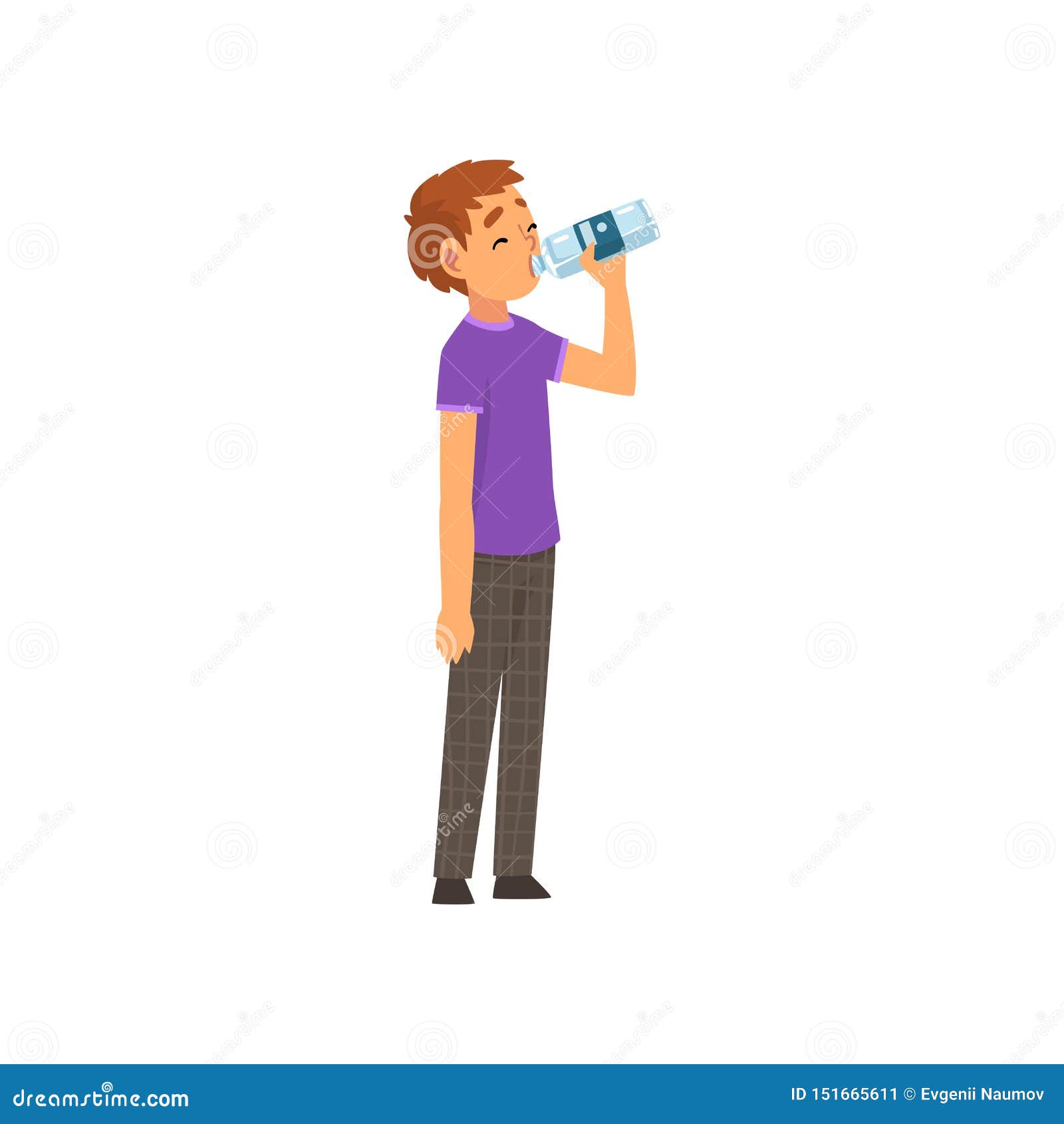 Boy Drinking Water from Plastic Bottle Vector Illustration Stock Vector
