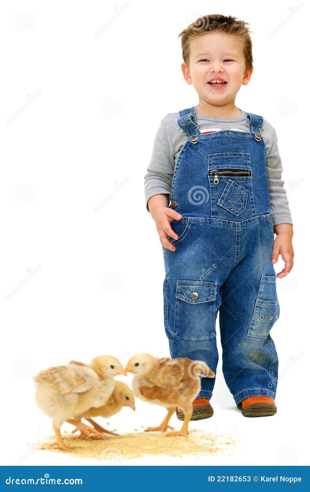 Boy In Farm Clothes With Chickens Stock Image Image of happy