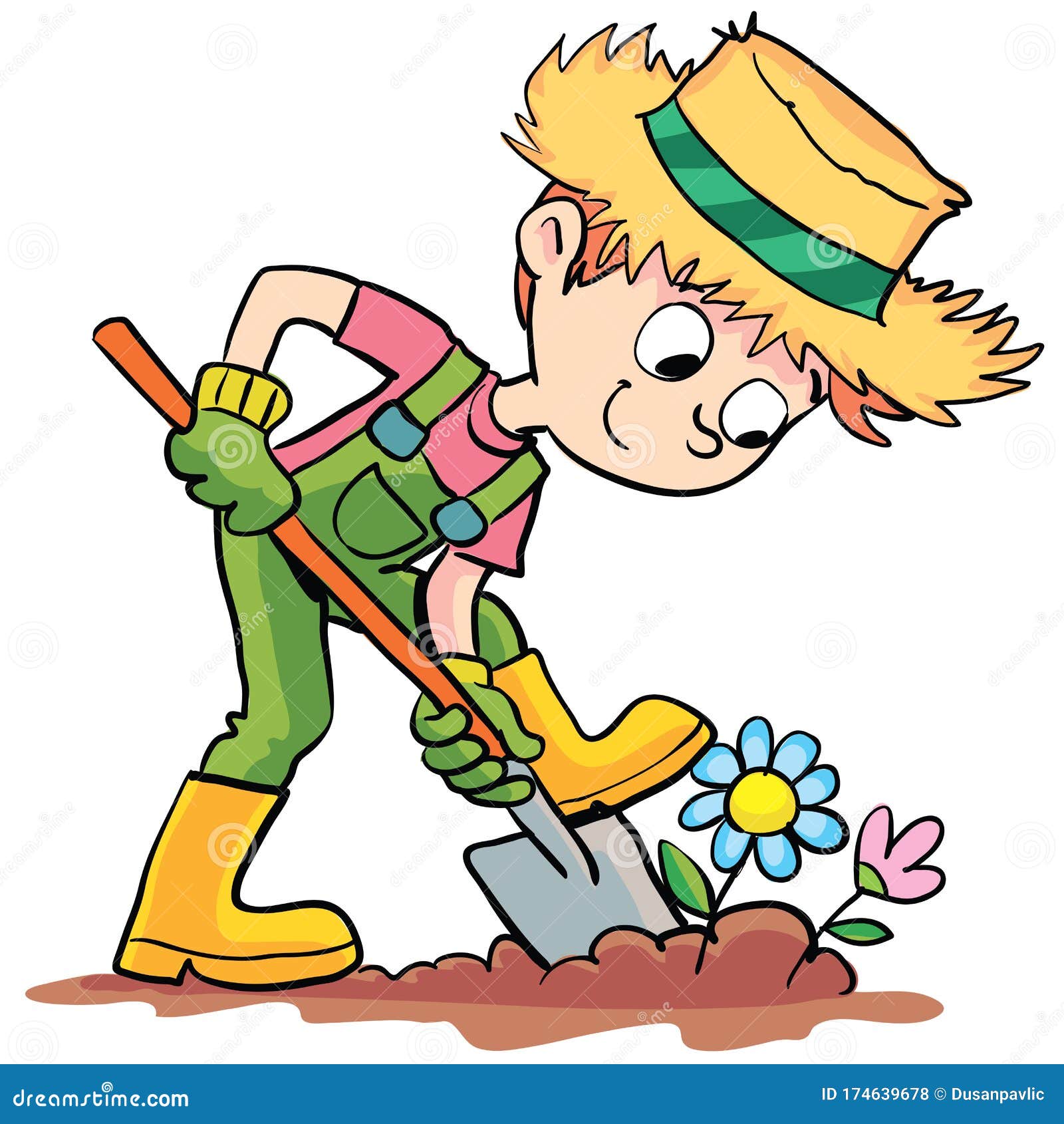 Boy Farmer is Digging a Garden with Flowers Stock Illustration -  Illustration of farm, graphic: 174639678