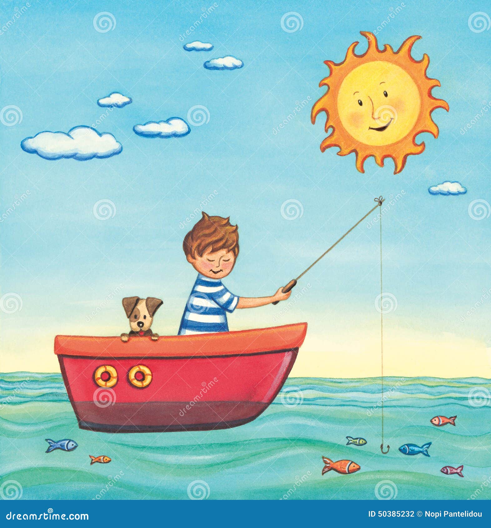 Boy fishing in a boat stock illustration. Image of colours 