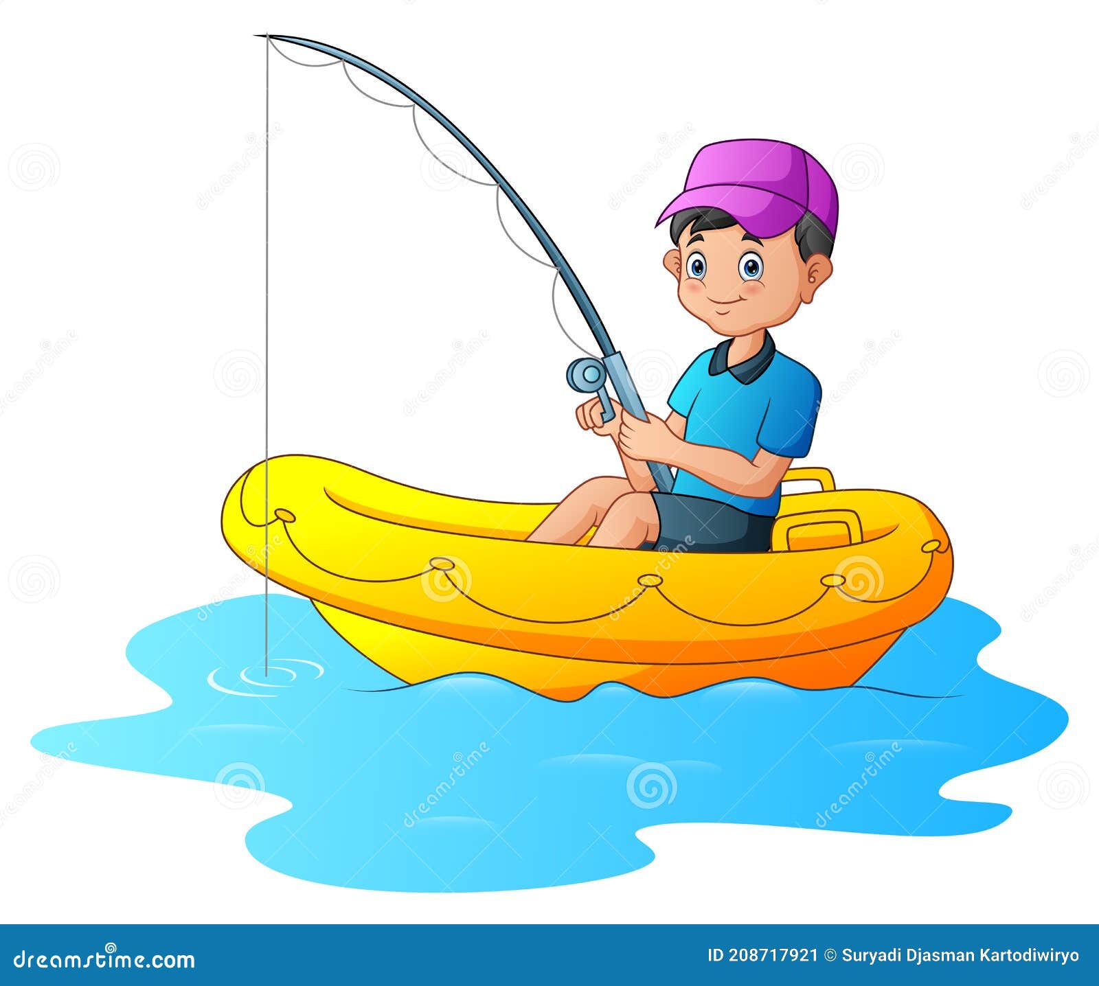 A Boy Fishing on the Inflatable Boat Stock Illustration - Illustration ...