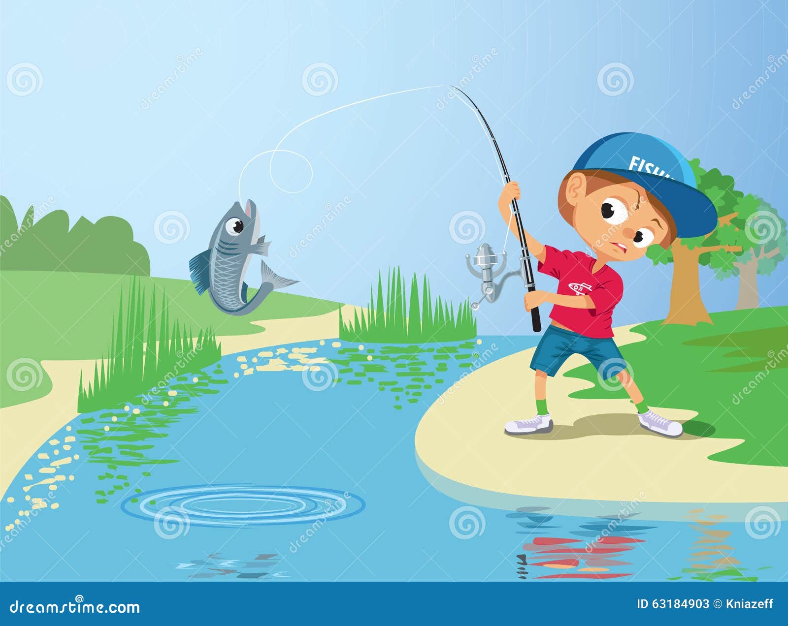 Boy fishing in a river stock vector. Illustration of scene - 63184903