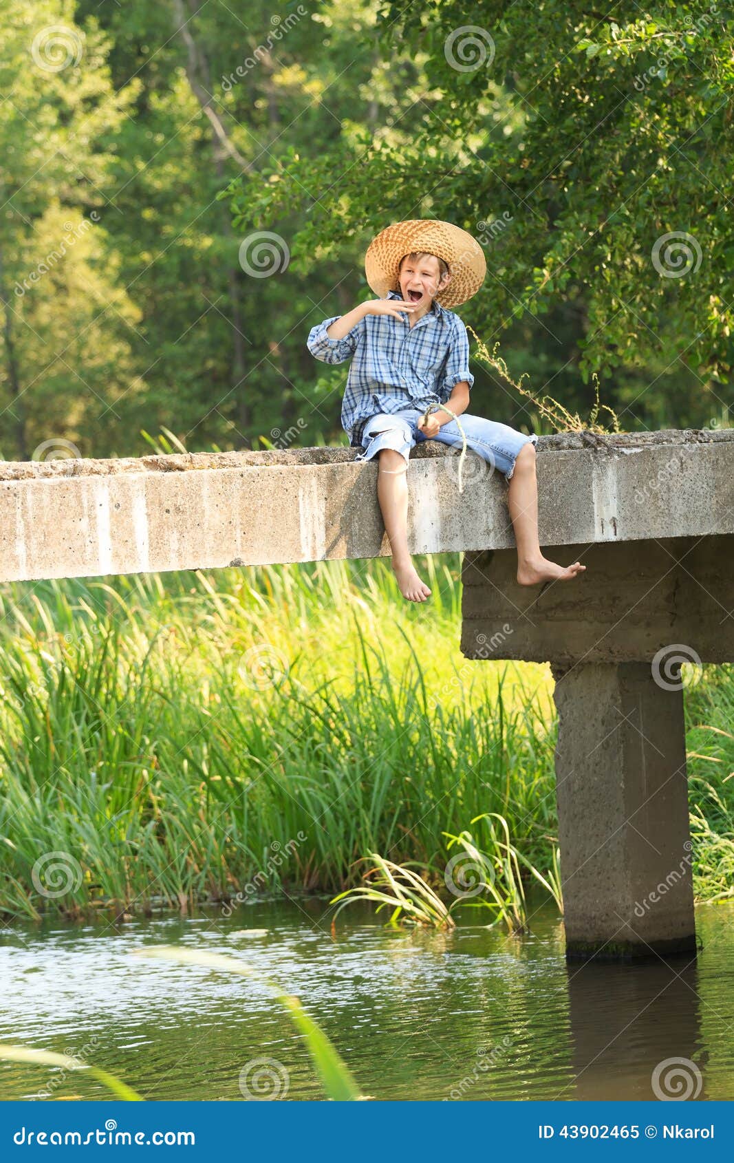 Boy Fishing with Rod at Straw Hat Stock Image Image of relaxation