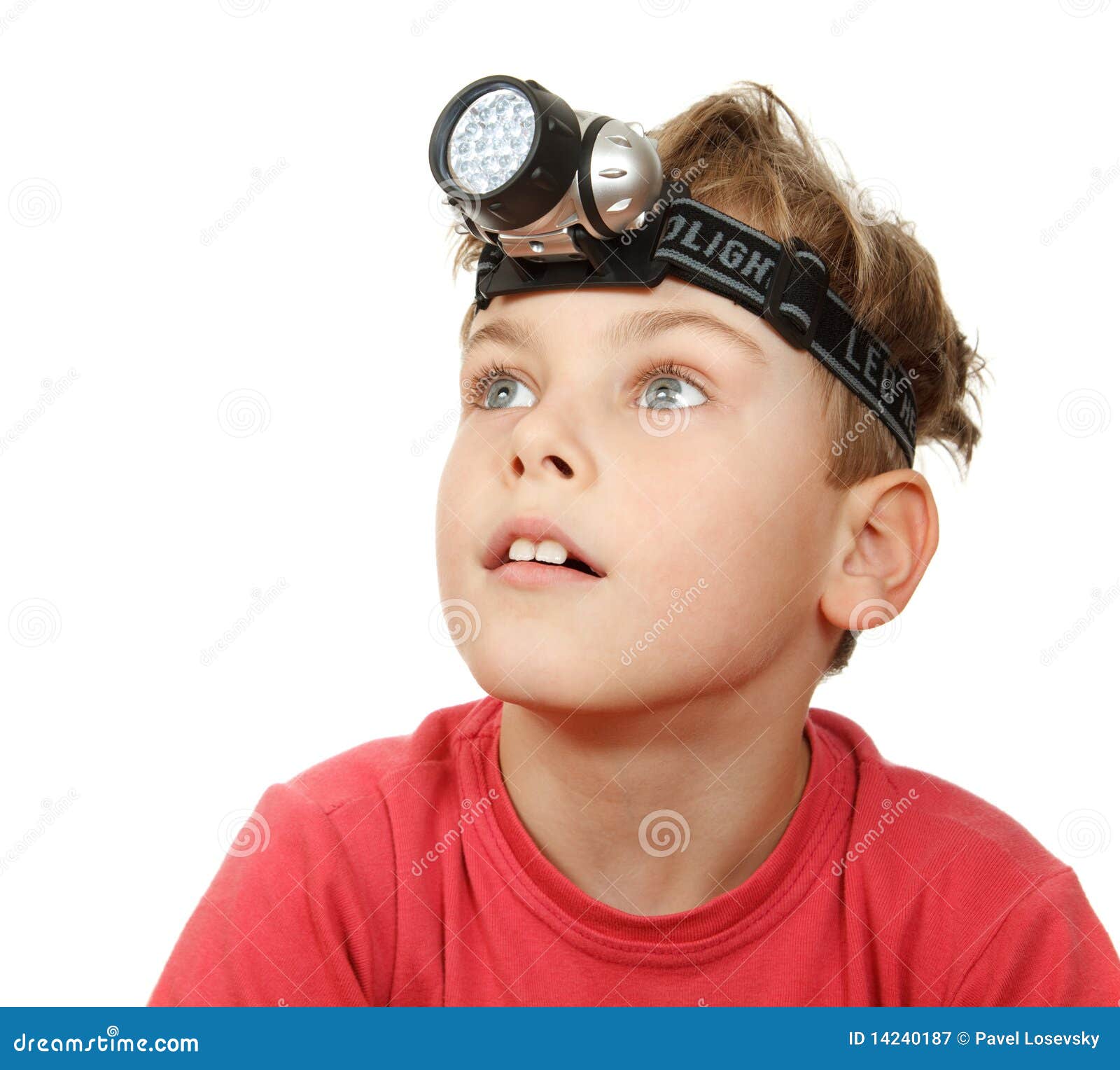 Boy with Flashlight on His Head on White Stock Image Image of object