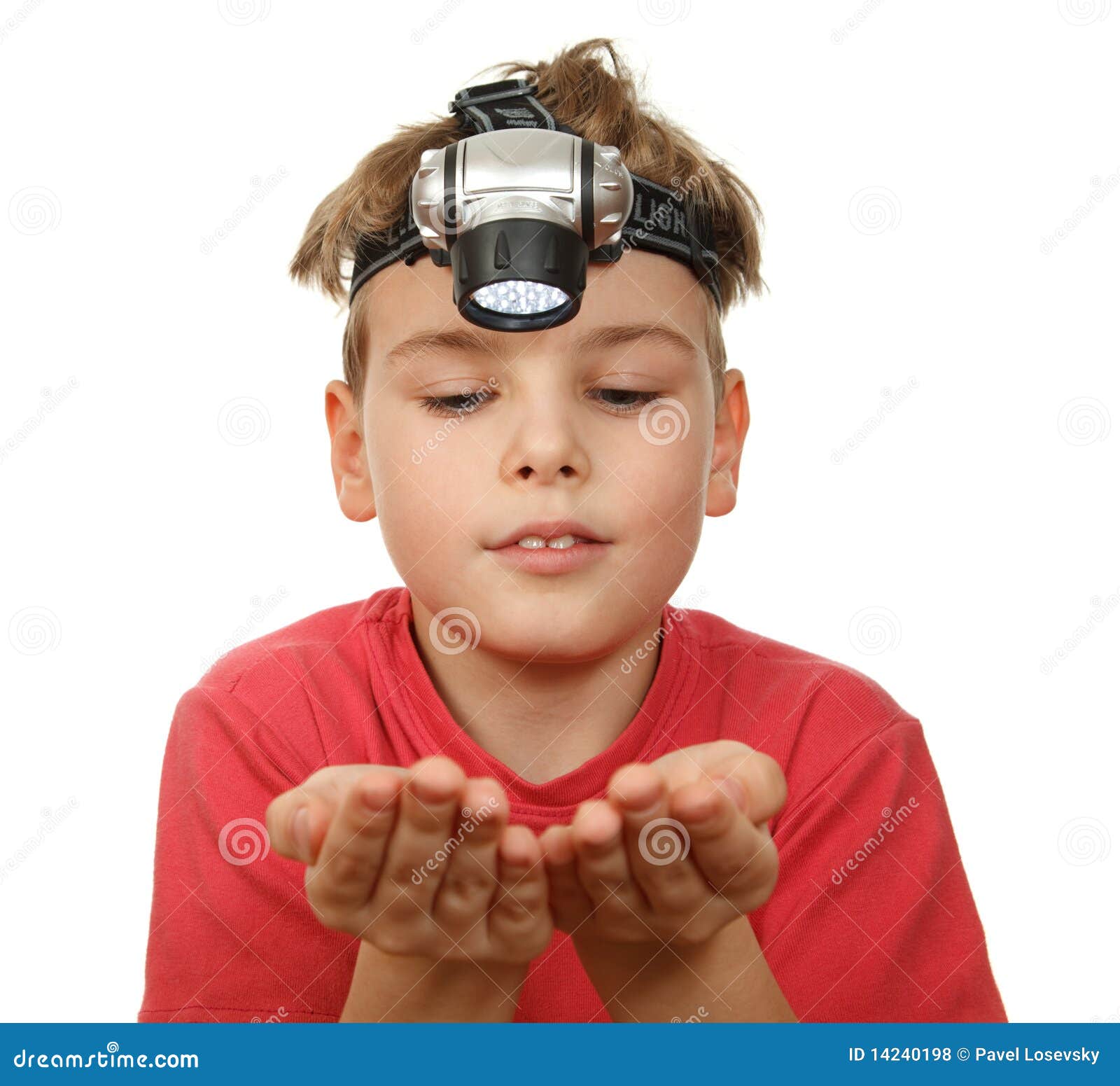 Boy with Flashlight on His Head on White Stock Photo Image of