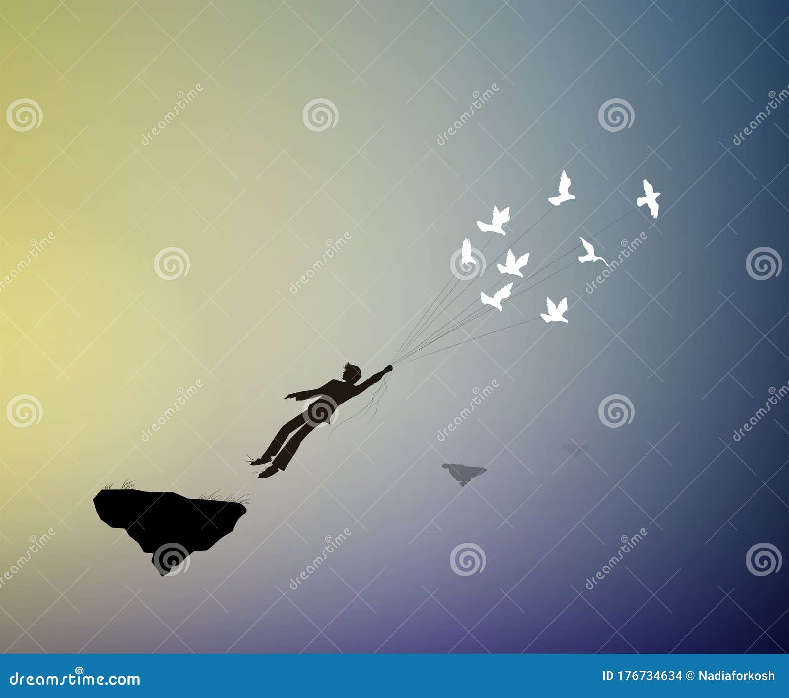 boy is flying away and holding pigeons, fly in the dreamland, fly away in your dream to the heavens, shadows, life on