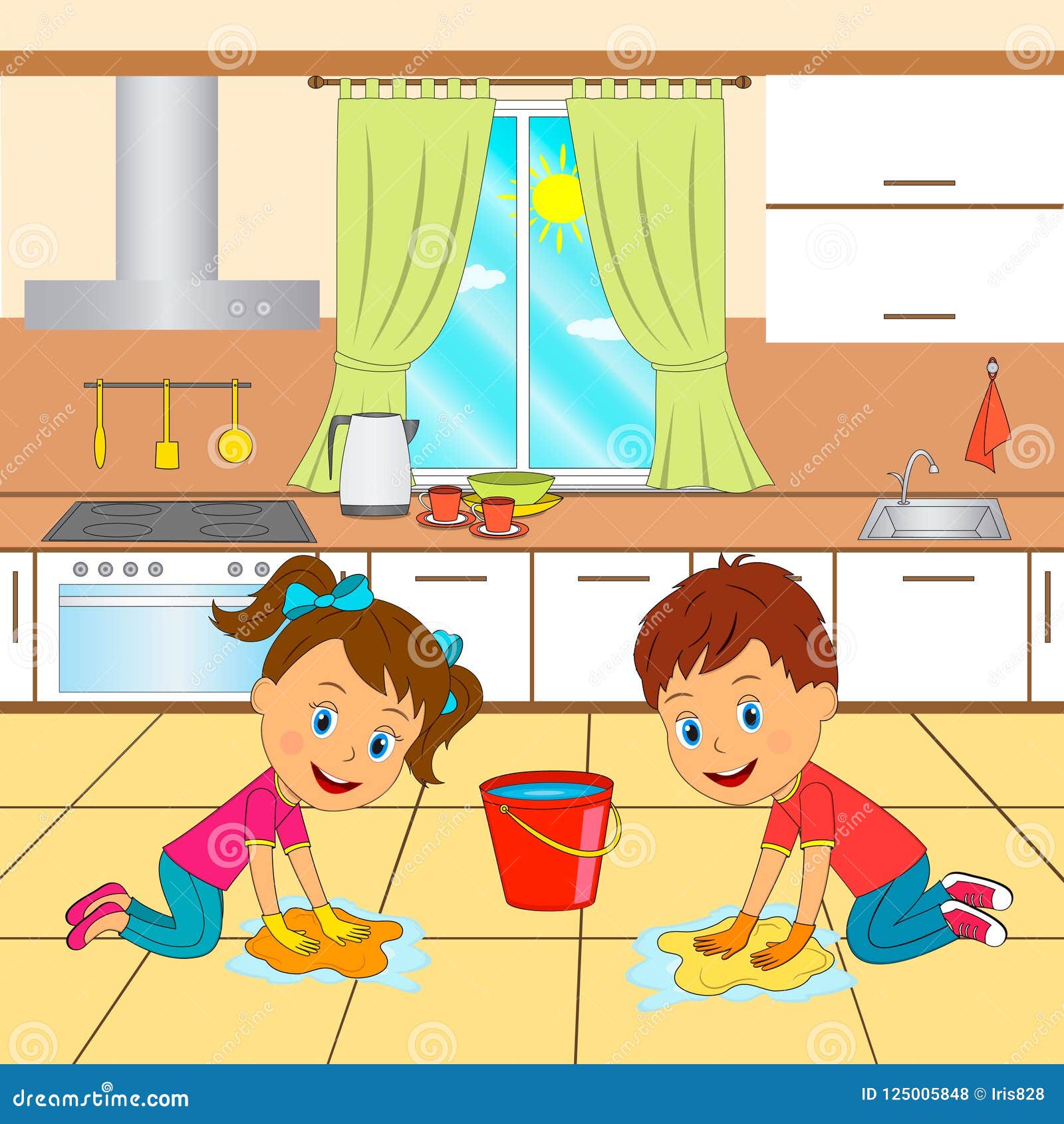 Boy and Girl are Cleaning the Kitchen Stock Vector Illustration of