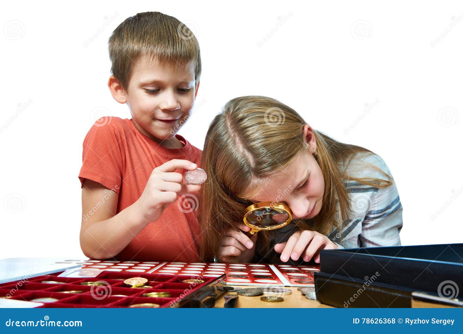 boy and girl are considering coin collection 