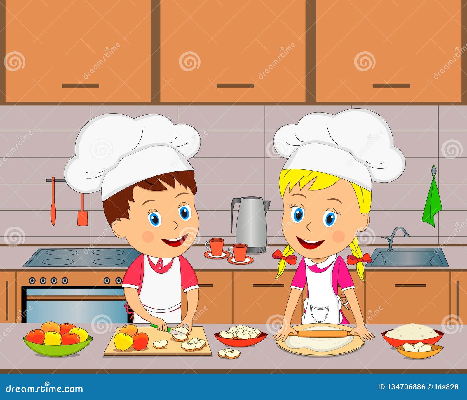 Boy and girl are cooking stock vector. Illustration of kitchen - 134706886