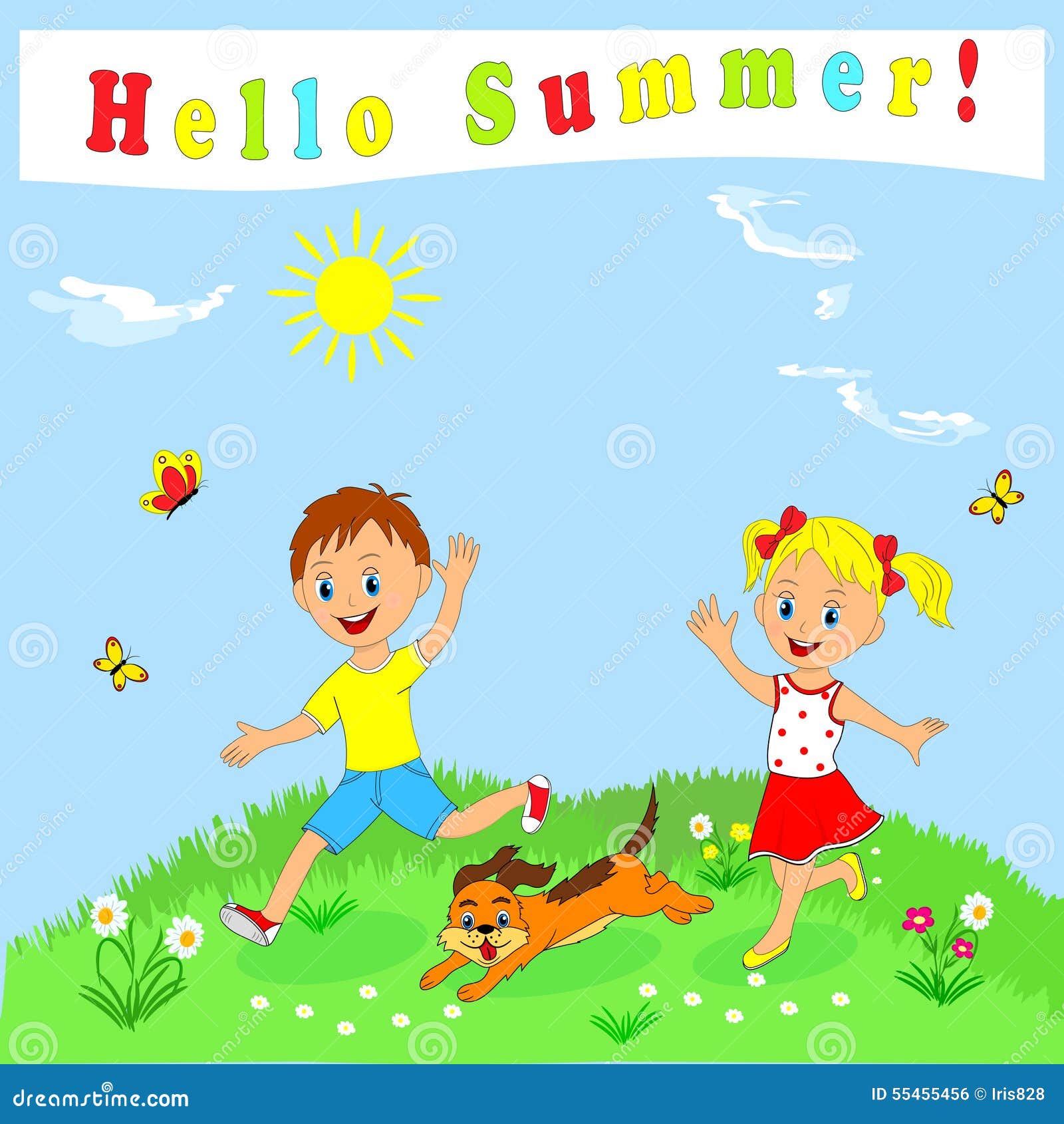 Boy,girl and Dog Running through a Meadow Stock Vector - Illustration of  kindergarten, season: 55455456
