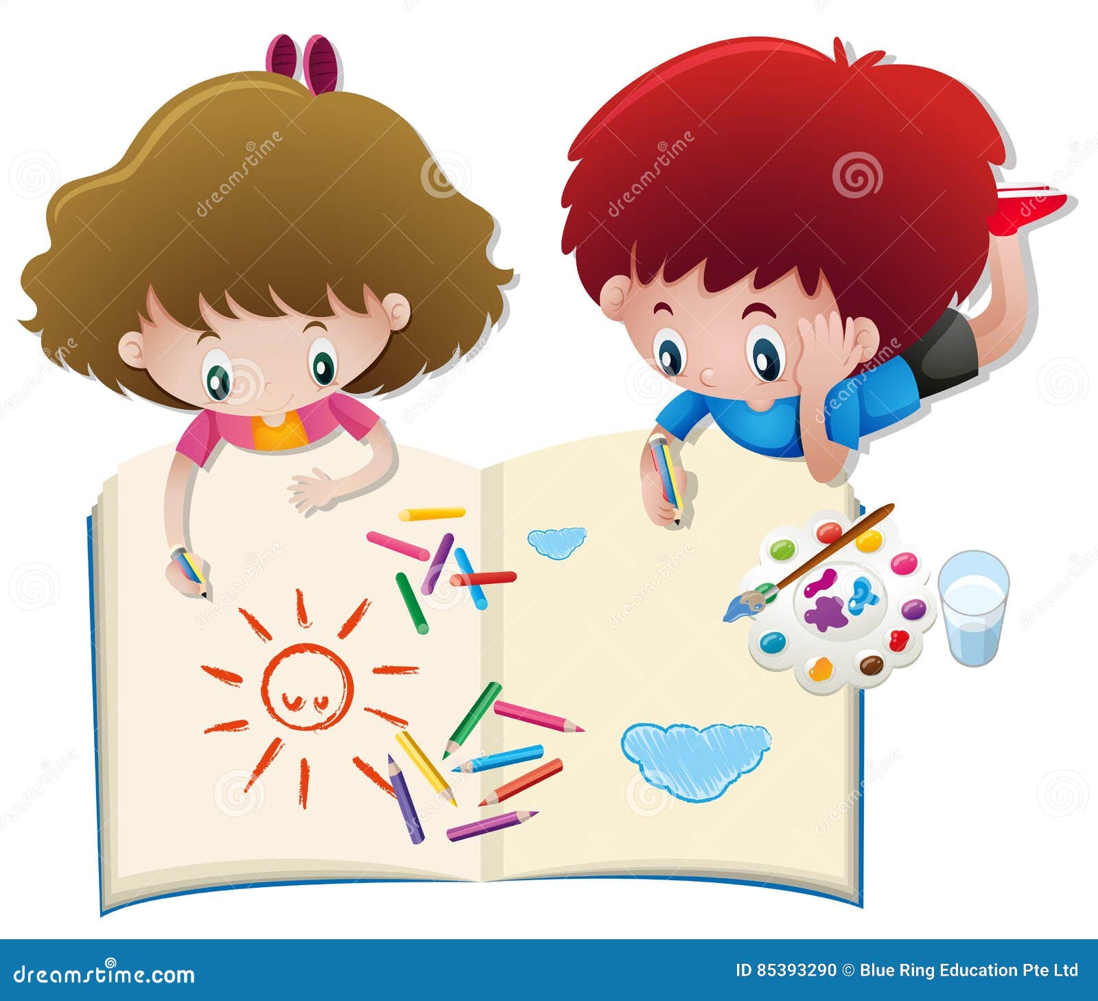 Boy And Girl Drawing In Big Book Stock Vector Illustration Of Homework Draw