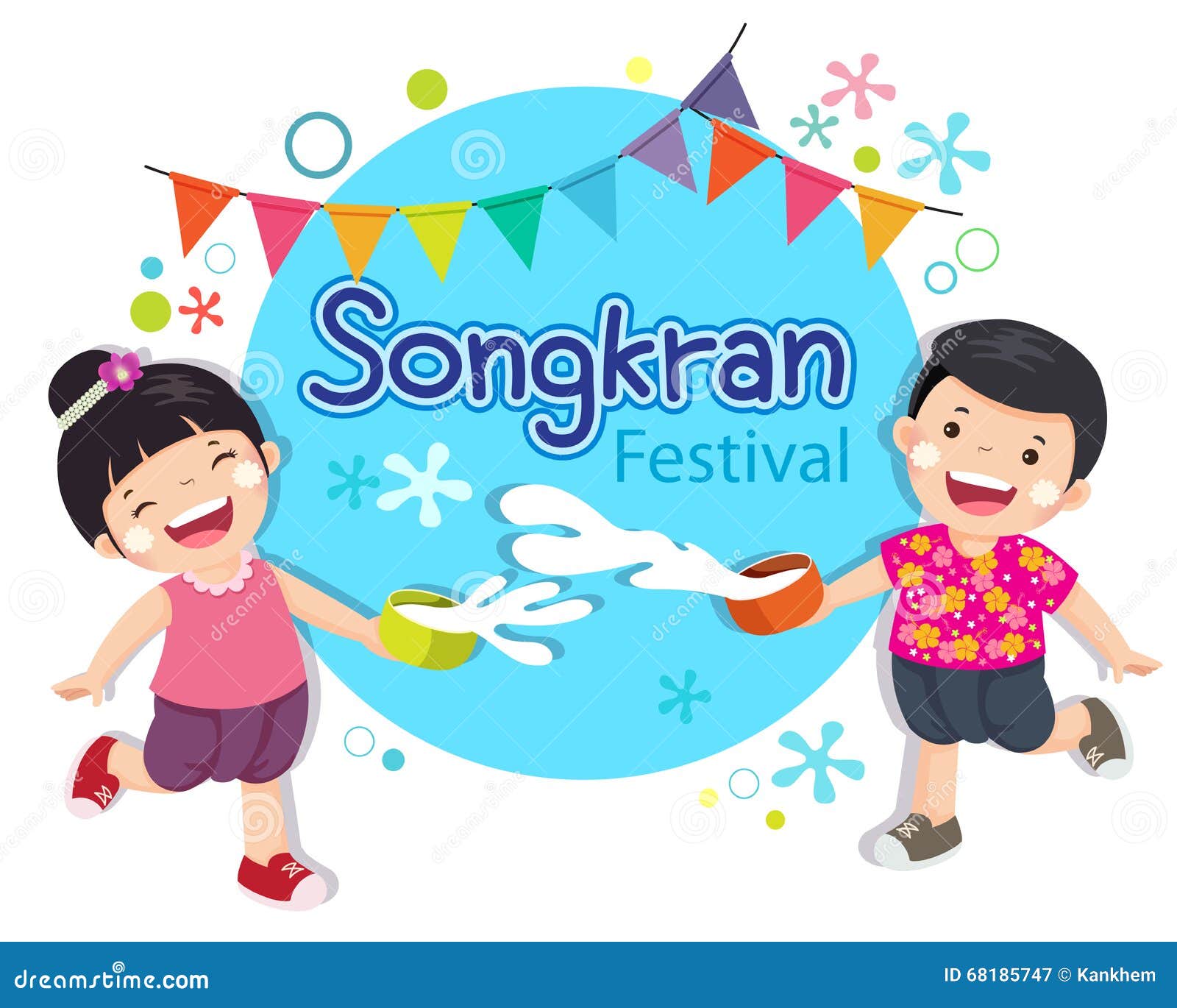 boy and girl enjoy splashing water in songkran festival thailand