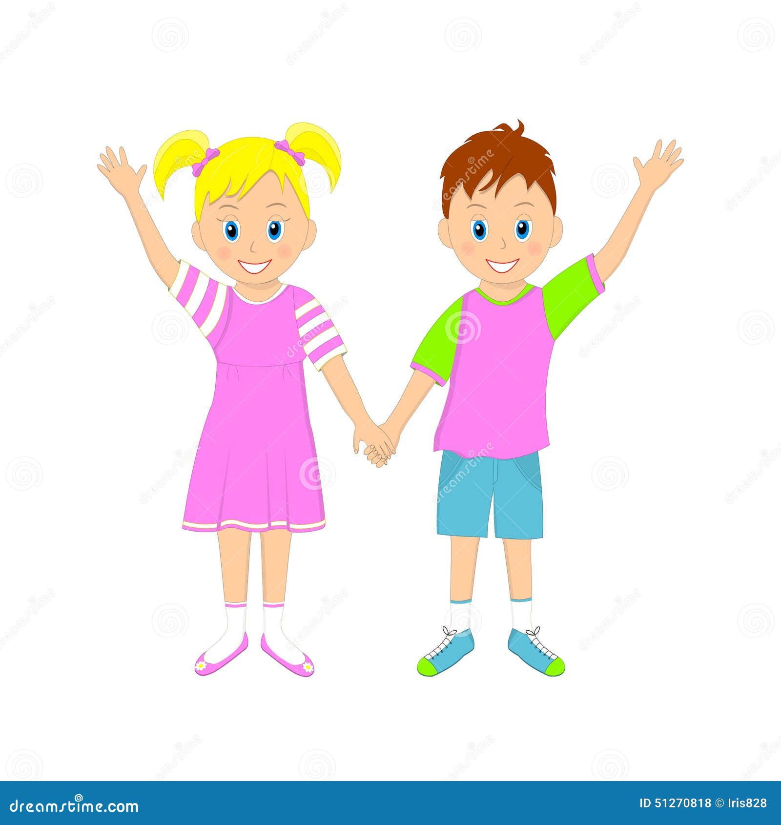 Boy And Girl Holding Hands And Waving Their Hands Stock Vector Illustration Of Male Portrait