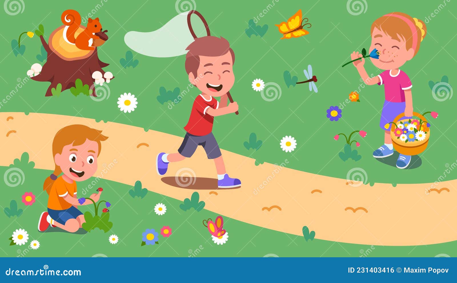 Boy, Girl Kids Enjoying Countryside Nature Outdoor Stock Vector -  Illustration of child, lawn: 231403416