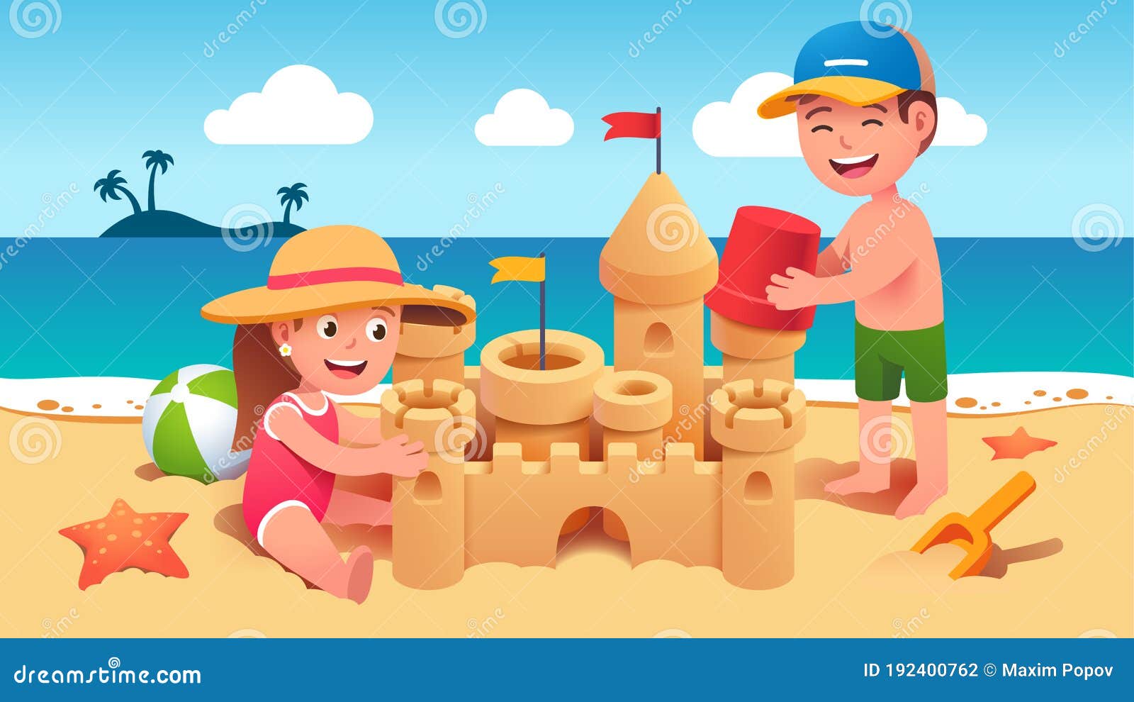 Boy, Girl Building Sandcastle on Summer Sea Beach Stock Vector -  Illustration of children, isolated: 192400762