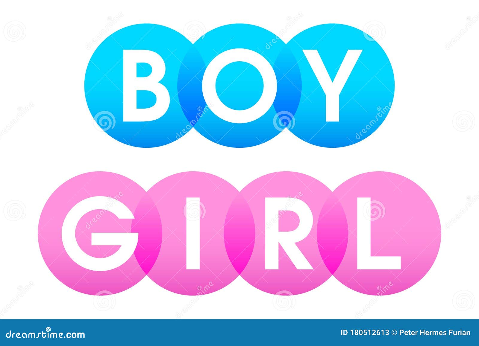 boy and girl letters in white capitals over blue and pink circles