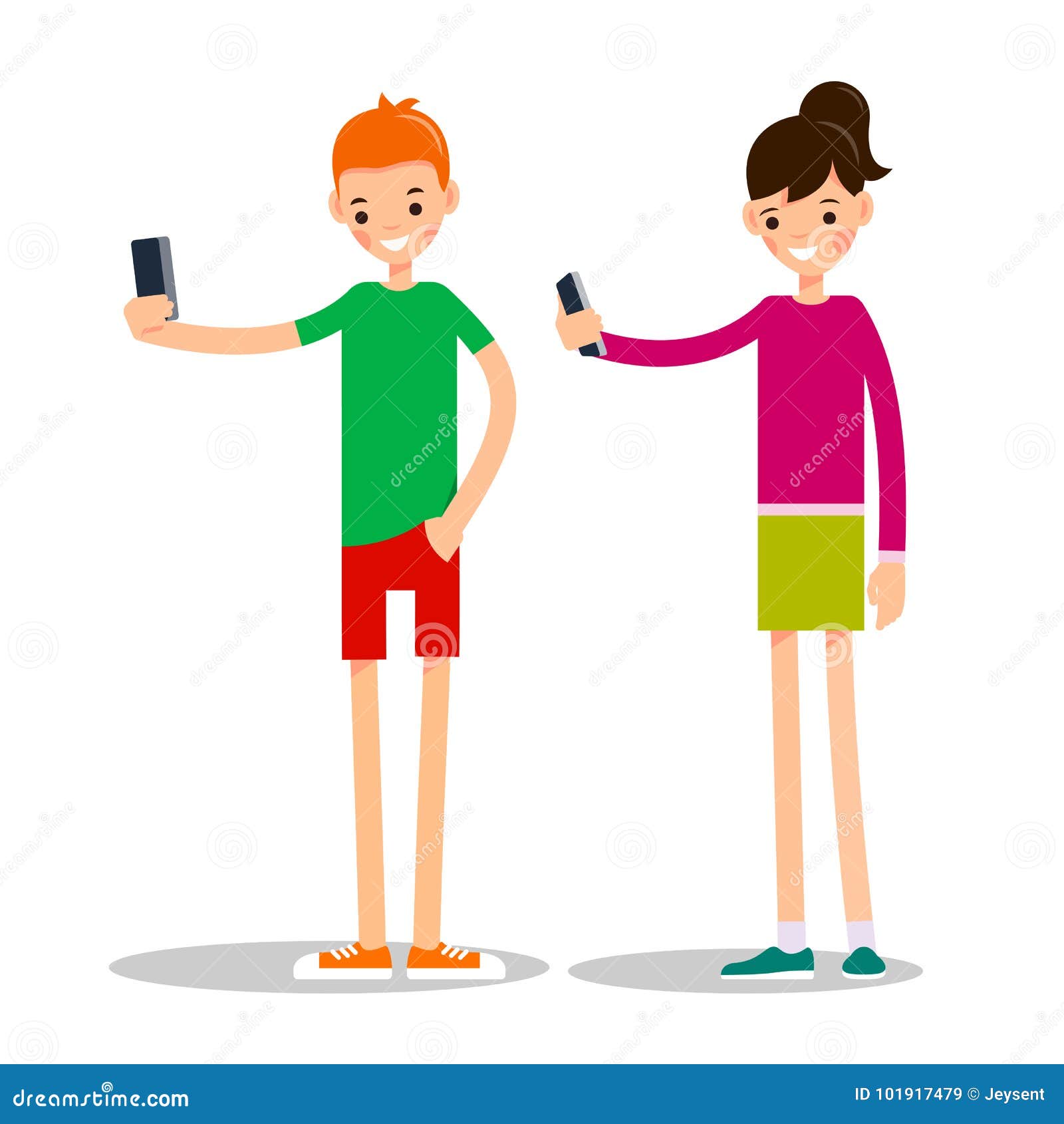 Boy and Girl with Mobile Phone. Man and Woman Do Selfie Stock Vector ...