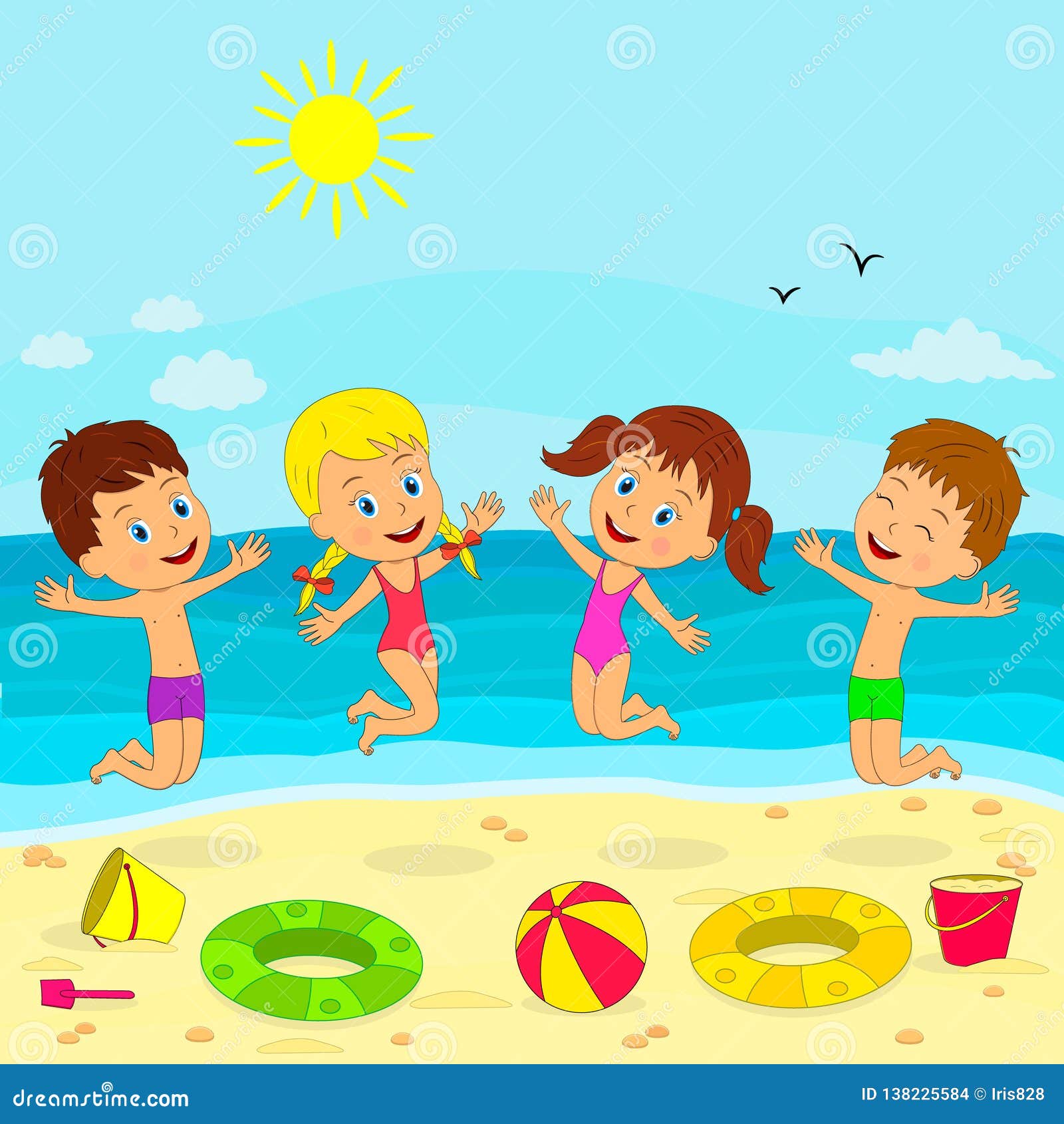 Boy and Girl Play and Jump on the Summer Beach Stock Vector ...