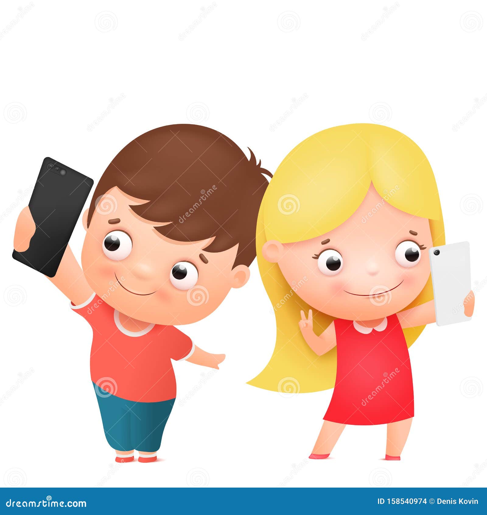 Boy and Girl Posing Together and Making Selfie. Funny Cartoon Children  Character Stock Illustration - Illustration of happy, grimacing: 158540974