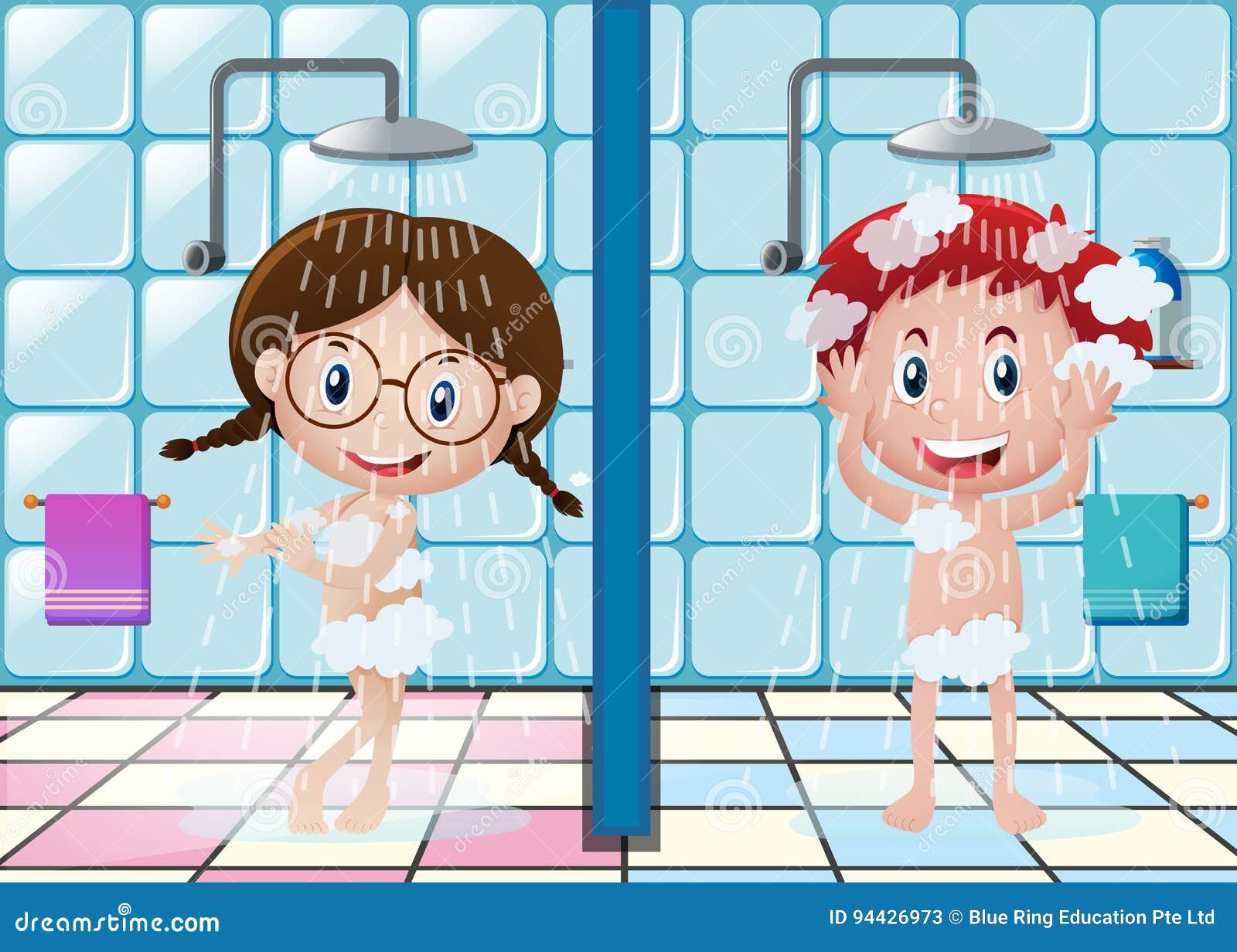 Boy And Girl Showering In Bathroom 