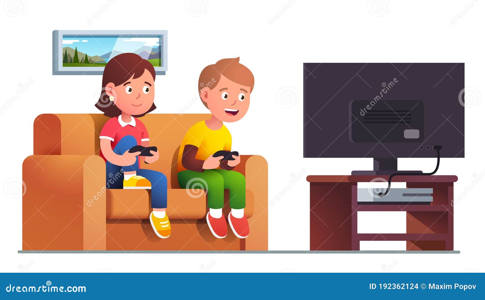 Boy, Girl Sit on Sofa Playing Console Video Game Stock Vector -  Illustration of child, entertainment: 192362124