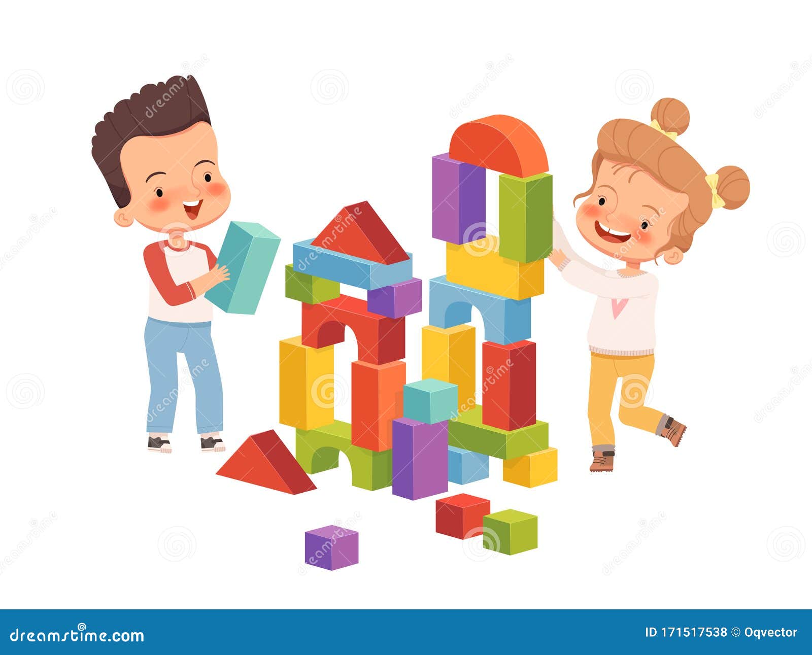 Boy and Girl are Smiling and Building a Tower of Children`s Blocks.  Children Play Friendly and Fun Together Stock Vector - Illustration of  building, creativity: 171517538
