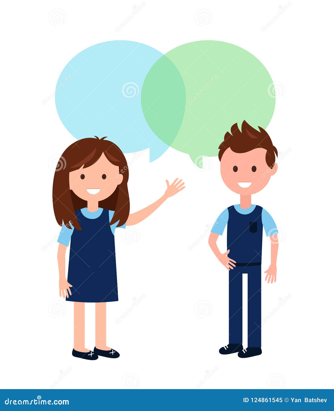 Boy and Girl Wearing School Uniform and Speech Bubbles Vector Illustration Stock Vector