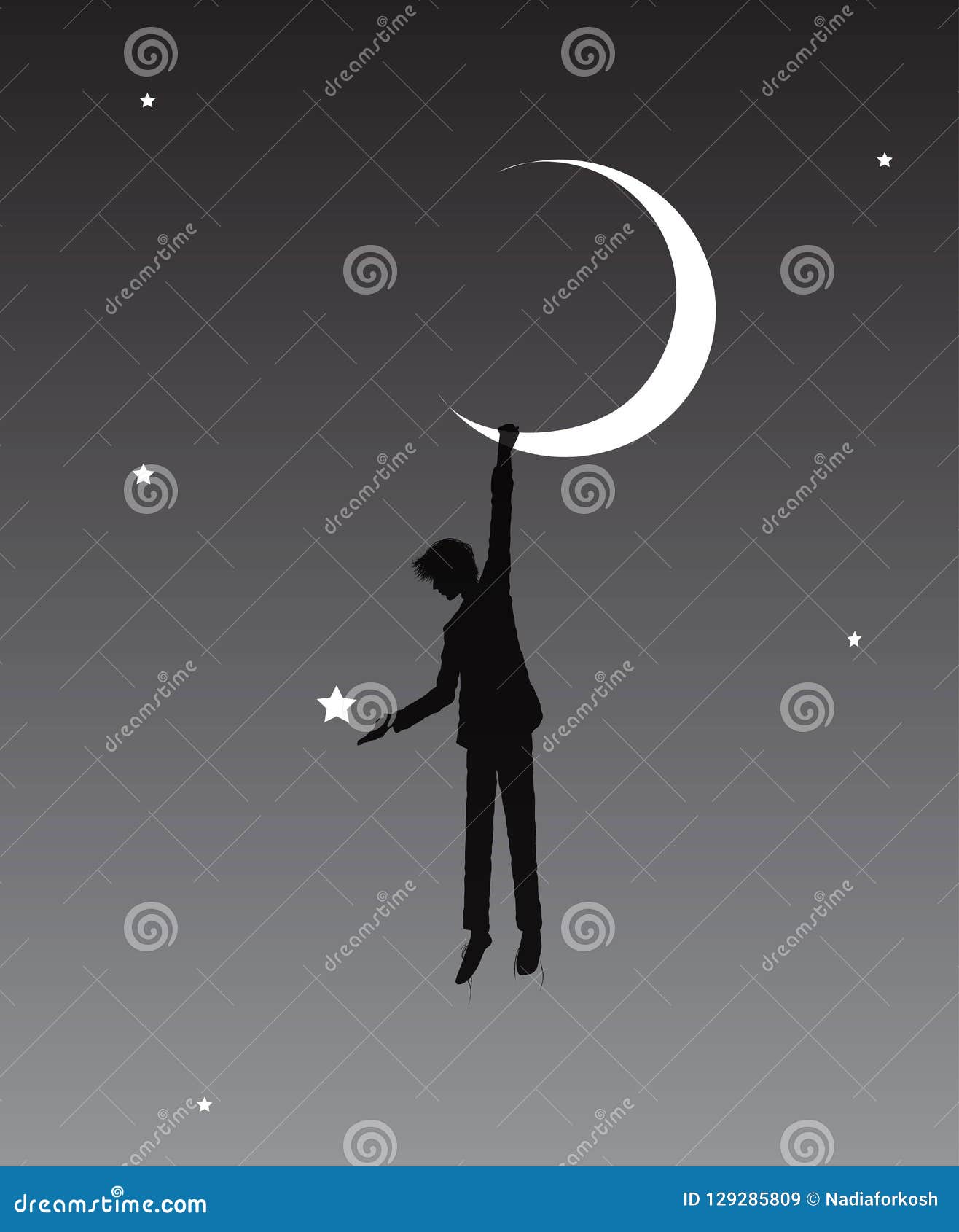 boy hanging on the moon, on the heavens, dream,