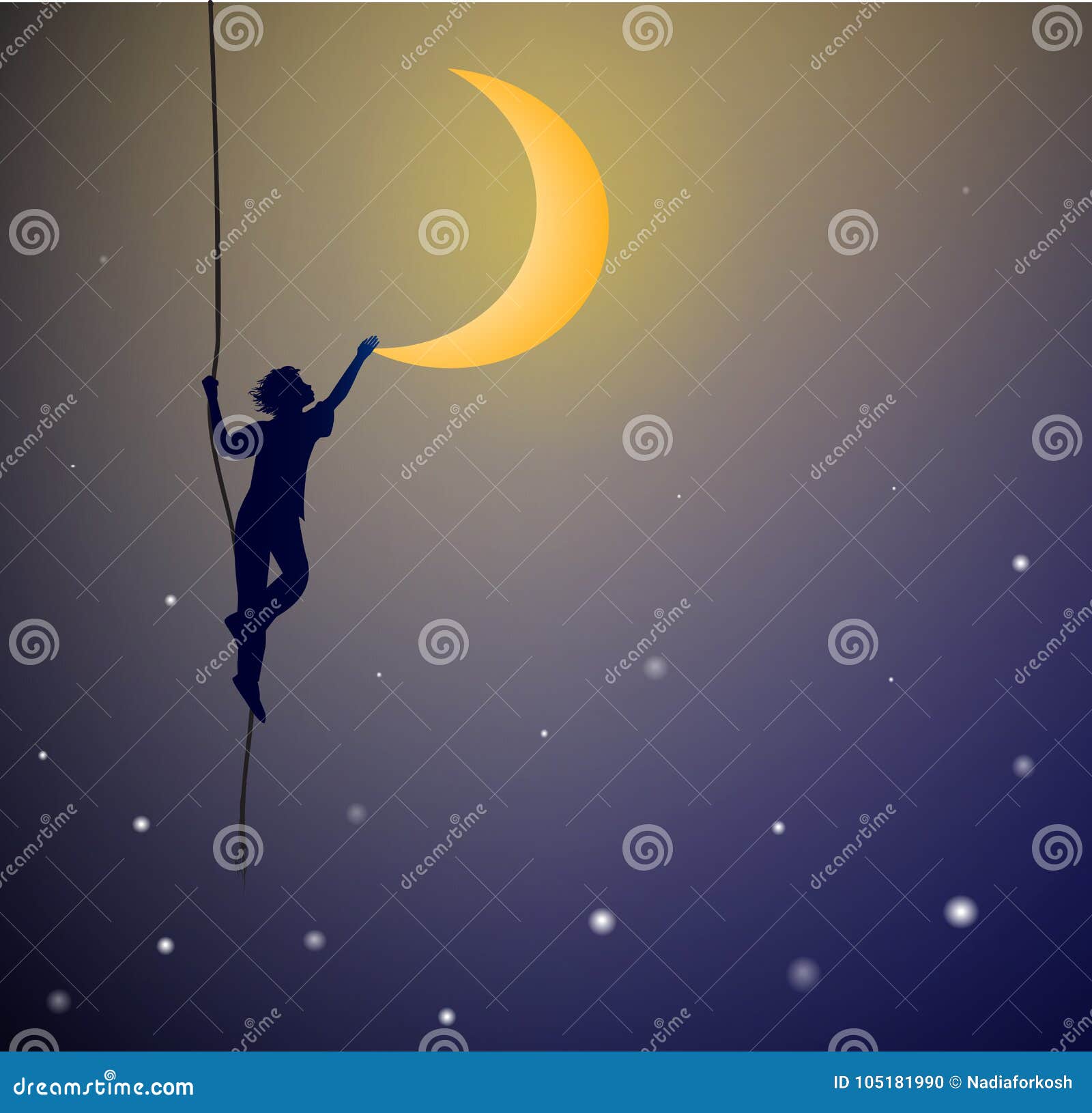 boy hanging on the rope and touching the moon, on the heavens, dream,