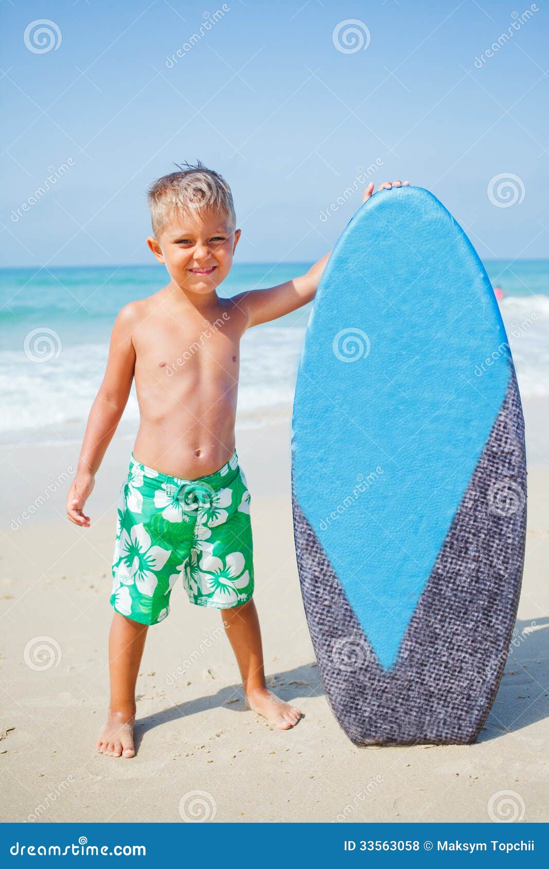 Boy Has Fun with the Surfboard Stock Photo - Image of summer, landscape ...