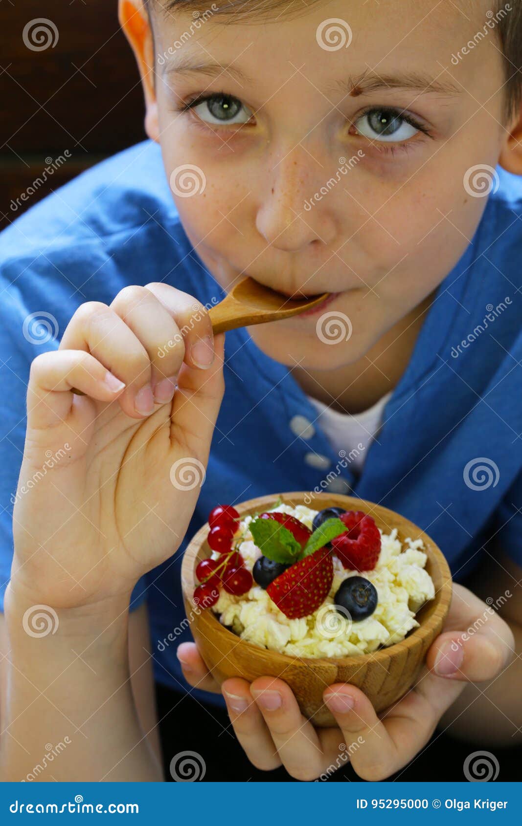 The Boy Has a Healthy Breakfast of Cottage Cheese and Granola Stock Photo Image of dessert