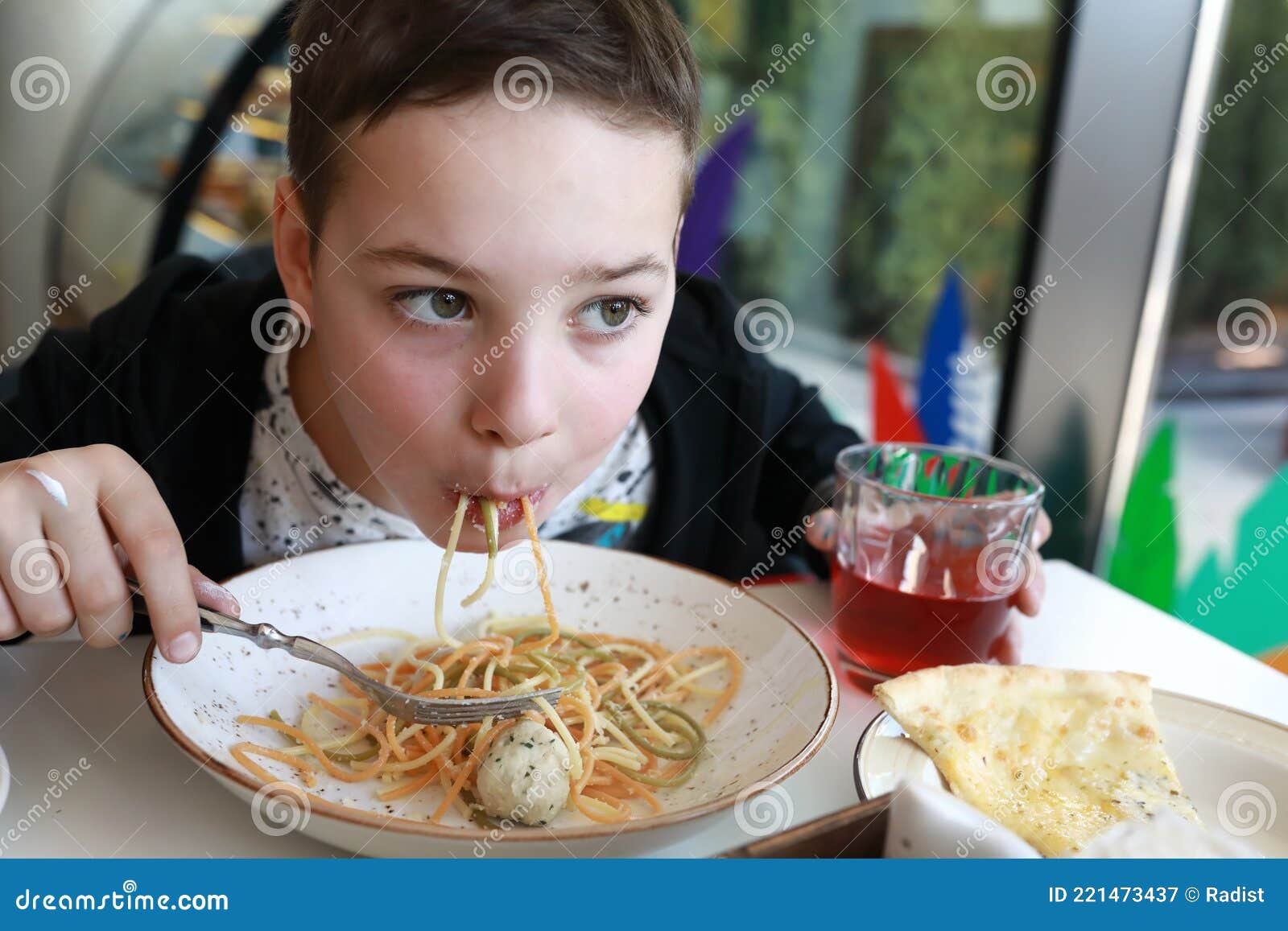 Boy Has Spaghetti with Chicken Meatballs Stock Image Image of food