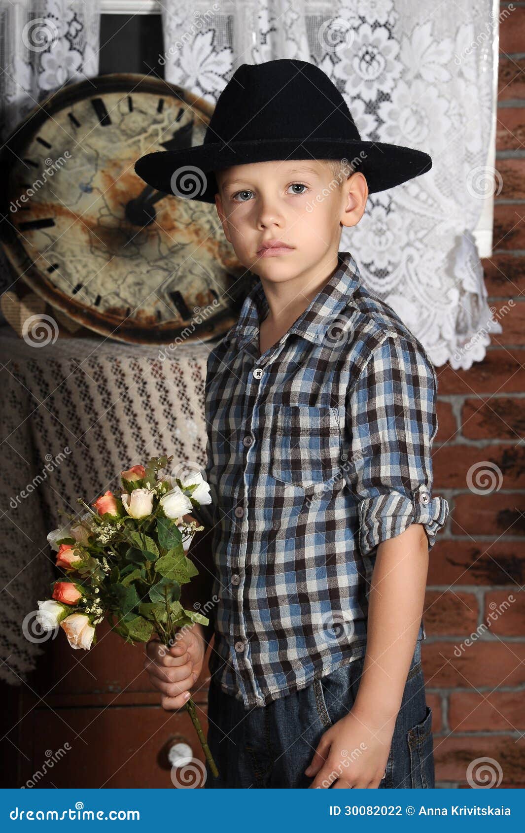 Boy in a Hat and a Bouquet of Flowers Stock Photo Image of elegant