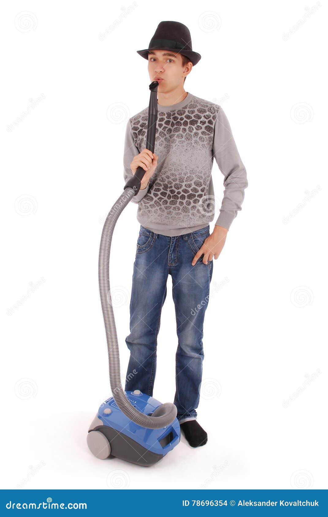 Boy in a Hat Holding a Vacuum Cleaner Stock Photo Image of black