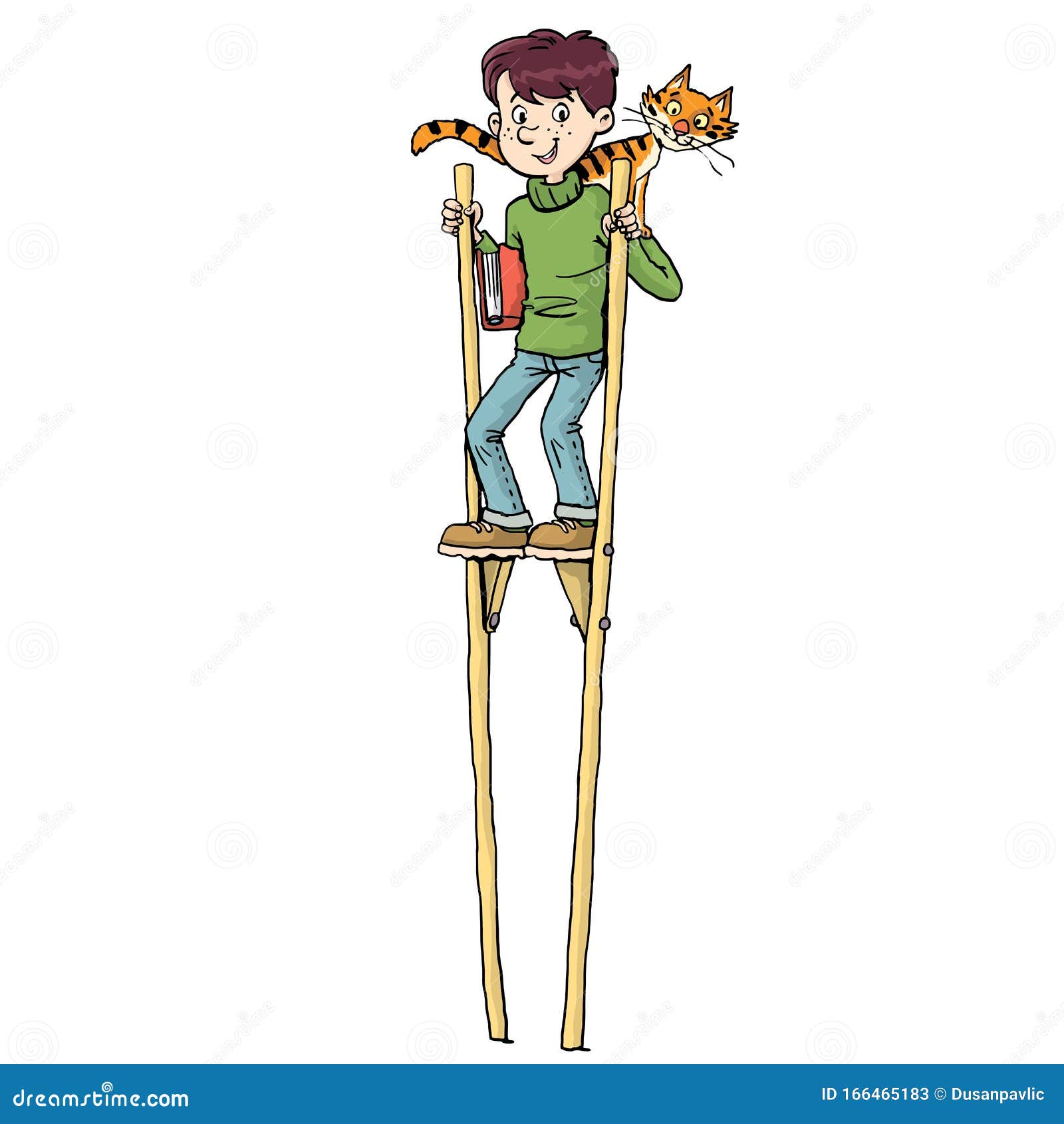 Boy on High Stilts with a Cat on His Shoulder Stock Illustration