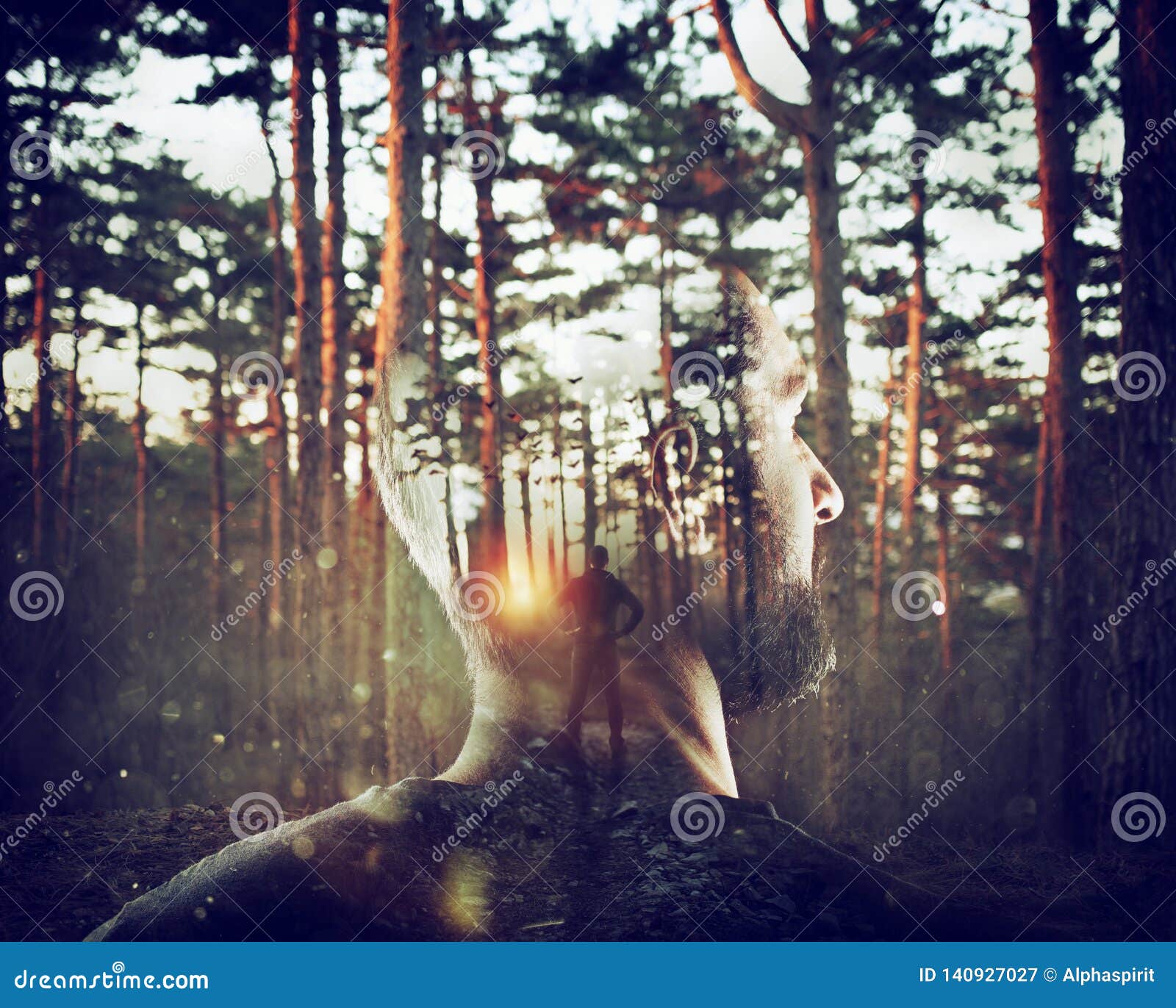 boy with himself in mind in a forest. double exposure