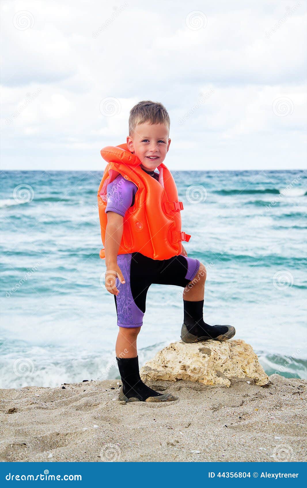 Boy in His Diving Suit and Life Jacket at Beach Stock Photo Image of