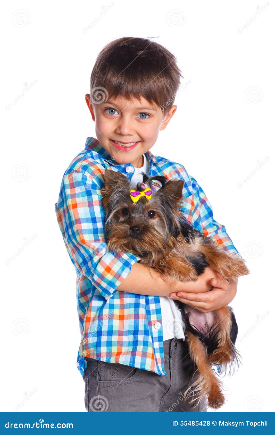 Boy with His Yorkshire Terrier Stock Photo Image of denim, length