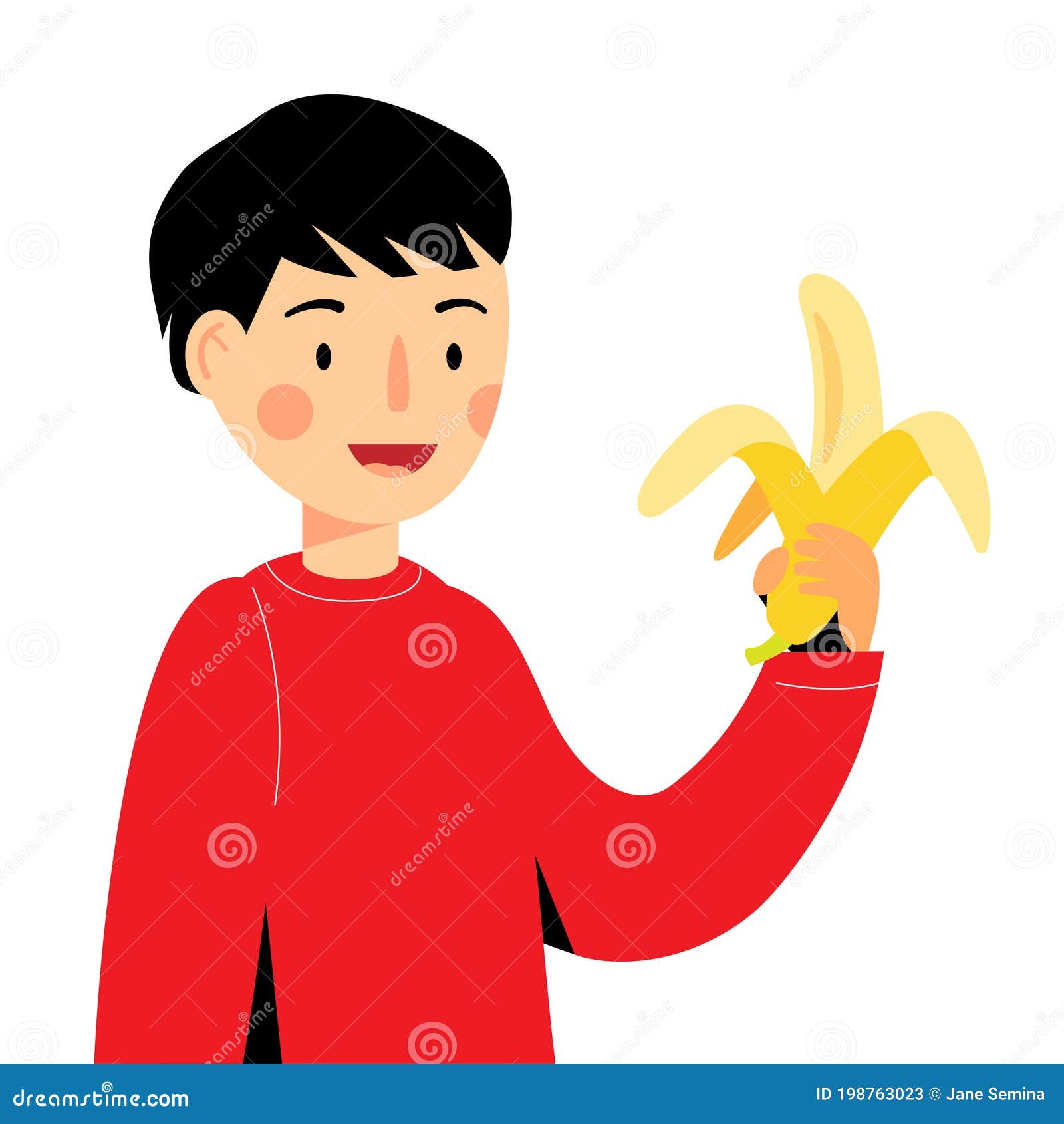 The Boy is Holding a Banana. Guy Eating Banana Stock Vector