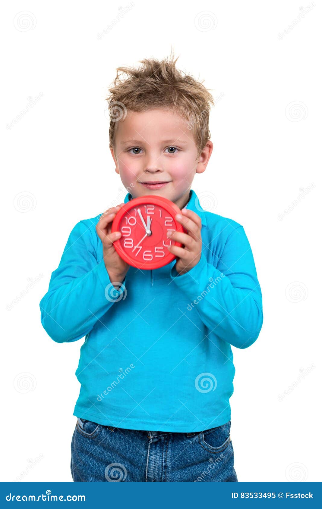 Boy is Holding Big Clock, Isolated Over White Stock Image Image of