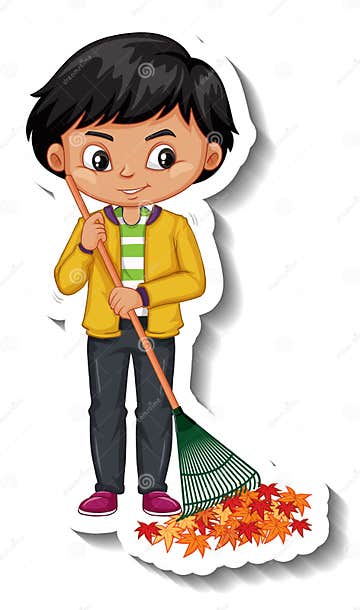 A Boy Holding Broom Cartoon Character Sticker Stock Vector ...